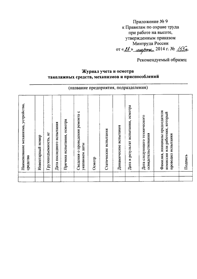 Образец приказа работы на высоте