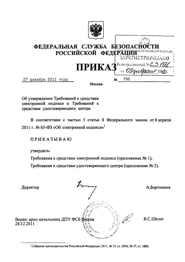 ПРИКАЗ ФСБ РФ От 27.12.2011 N 796 "ОБ УТВЕРЖДЕНИИ ТРЕБОВАНИЙ К.