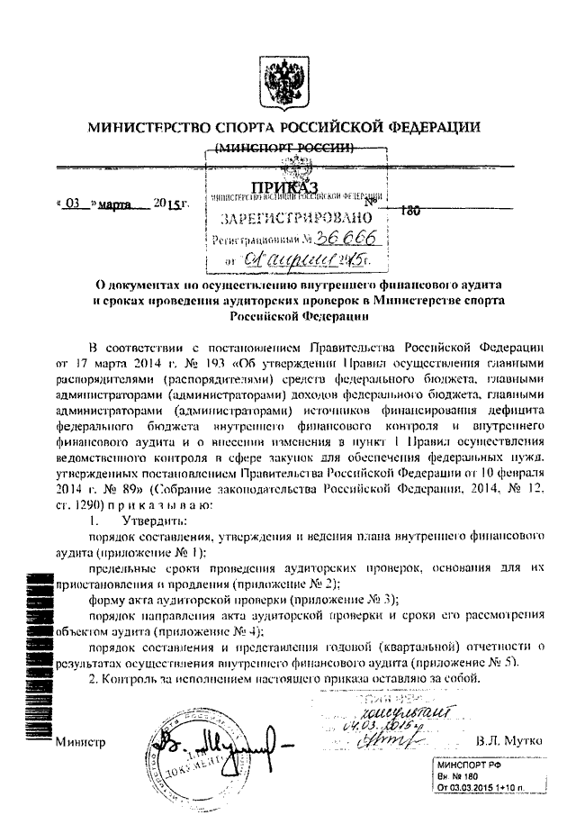 Приказ о проведении внутреннего аудита образец