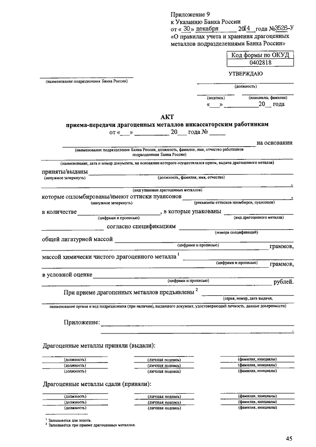 Акт приема передачи драгоценных металлов заполненный образец