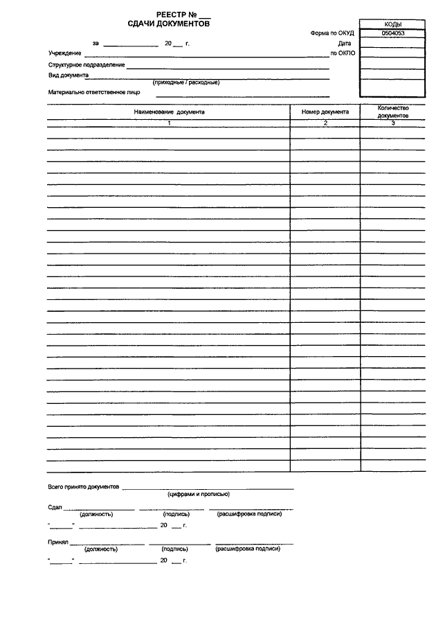 Реестр 5. Ф 0504053 реестр сдачи документов. ОКУД 0504053 реестр сдачи документов. Реестр сдачи документов форма 0504053 пример заполнения. Форма реестра передачи документов образец.