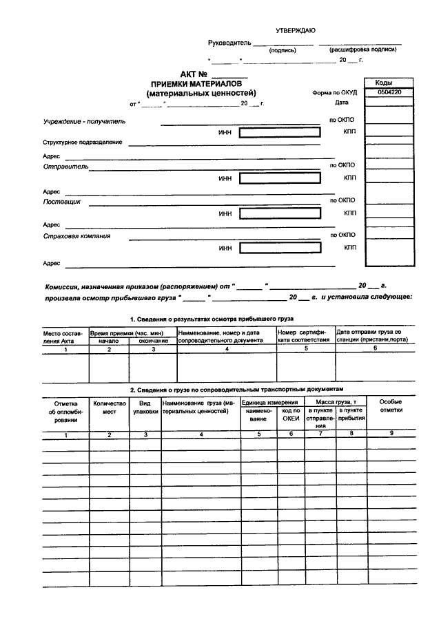 Акт о приемке материалов образец заполнения