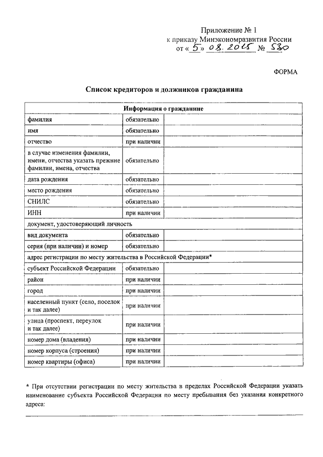 Как правильно заполнить список кредиторов и должников гражданина образец заполнения