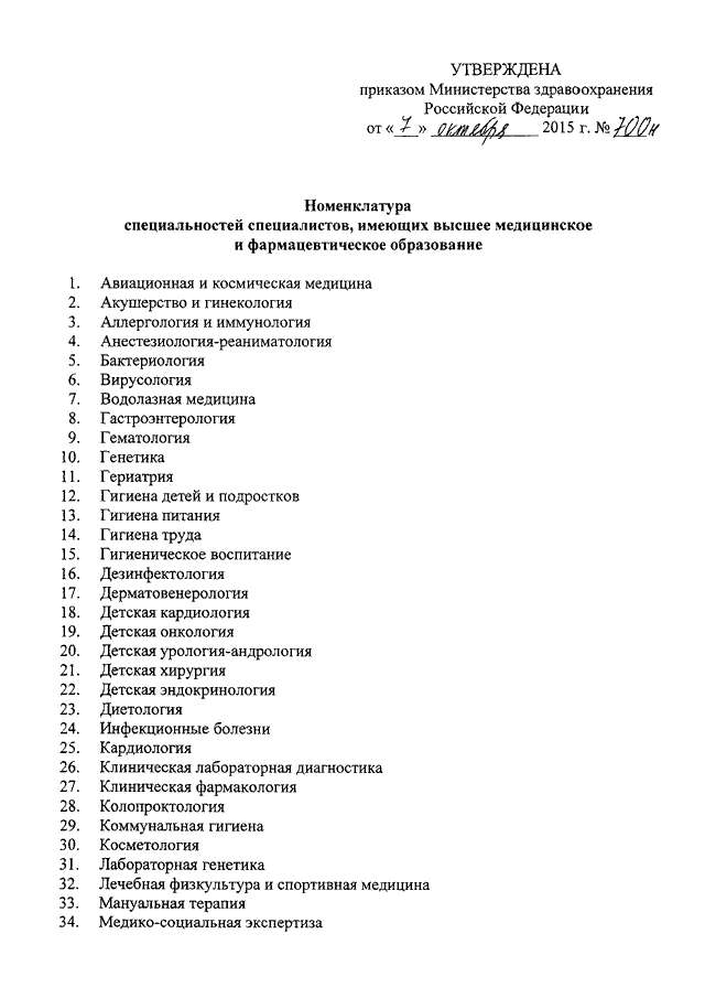 Категория врачей приказ. Приказ Министерства здравоохранения РФ 2015. Перечень профессии здравоохранения. Перечень Минздрава. Номенклатура медицинских специальностей.