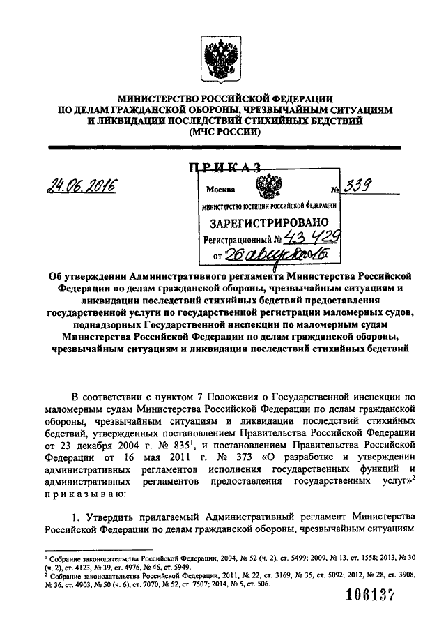 ПРИКАЗ МЧС РФ От 24.06.2016 N 339 "ОБ УТВЕРЖДЕНИИ.