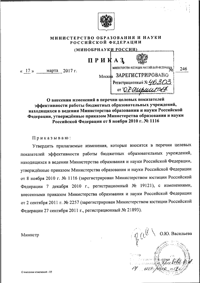 ПРИКАЗ Минобрнауки РФ от 17.03.2017 N 246 "О ВНЕСЕНИИ