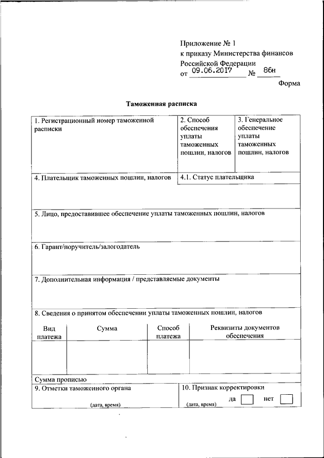 Таможенная расписка образец