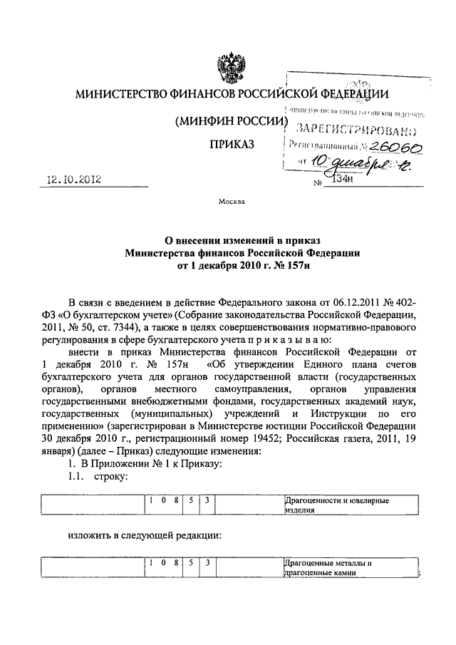 Приказ минфина рф 157н об утверждении единого плана счетов бухгалтерского учета