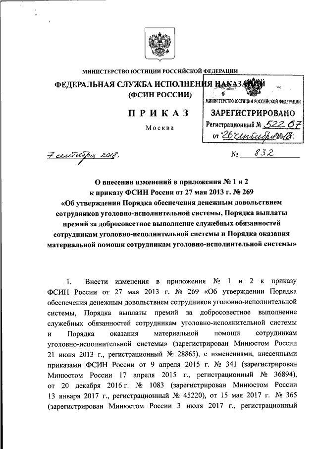 Приказ фсин 361. О внесении изменений в приказ ФСИН России.