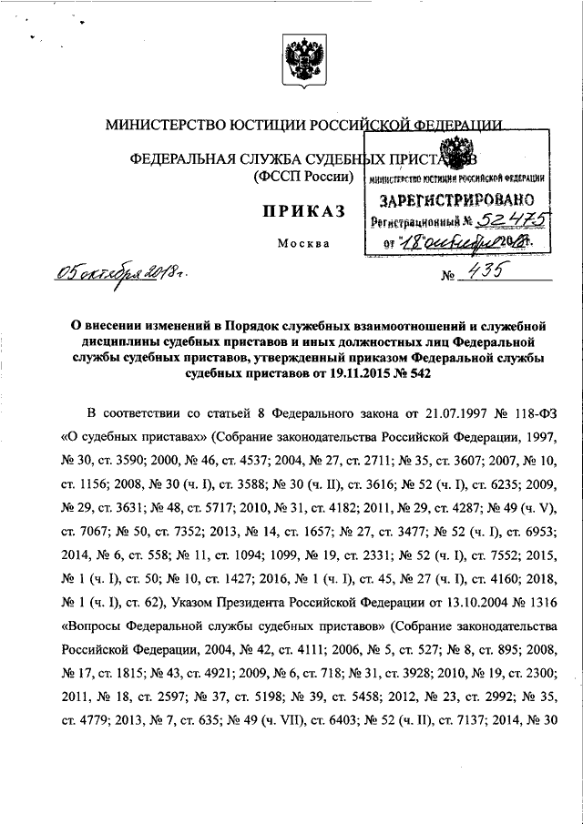 ПРИКАЗ ФССП РФ От 05.10.2018 N 435 "О ВНЕСЕНИИ ИЗМЕНЕНИЙ В ПОРЯДОК.