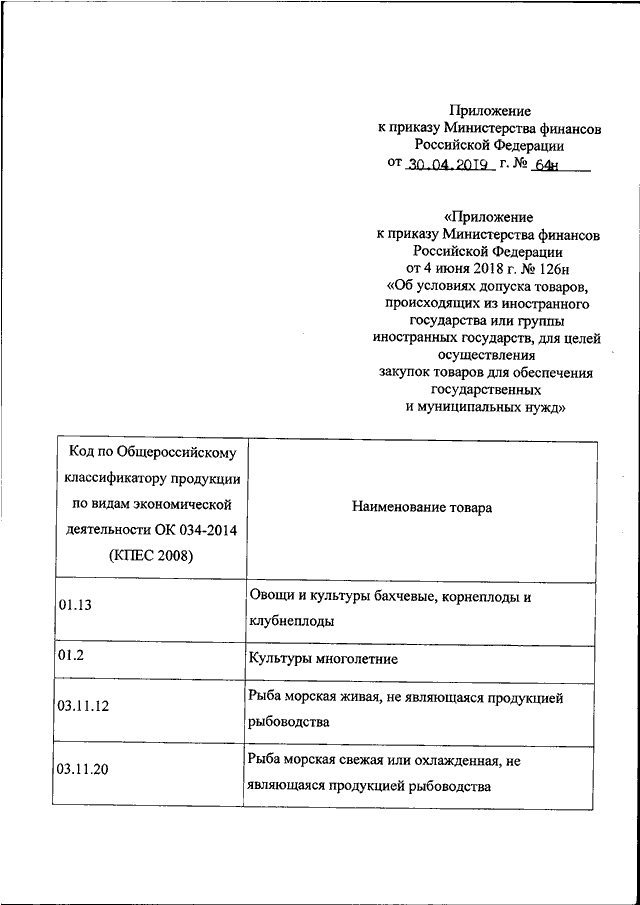 ПРИКАЗ Минфина РФ От 30.04.2019 N 64н "О ВНЕСЕНИИ ИЗМЕНЕНИЯ В.