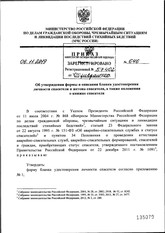 ПРИКАЗ МЧС РФ От 06.11.2019 N 646 "ОБ УТВЕРЖДЕНИИ ФОРМЫ И ОПИСАНИЯ.