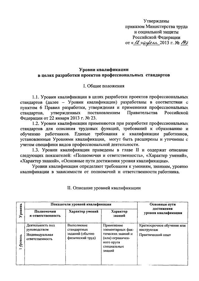 Об утверждении уровней квалификации в целях разработки проектов профессиональных стандартов